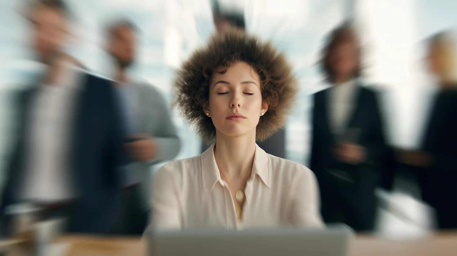 Imagem de uma profissional concentrada e pessoas desfocadas ao fundo, simbolizando a saúde mental nas empresas.