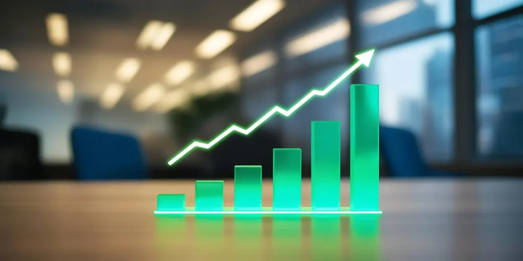 Imagem de um gráfico em ascensão com um escritório ao fundo, simbolizando como escalar uma contabilidade.