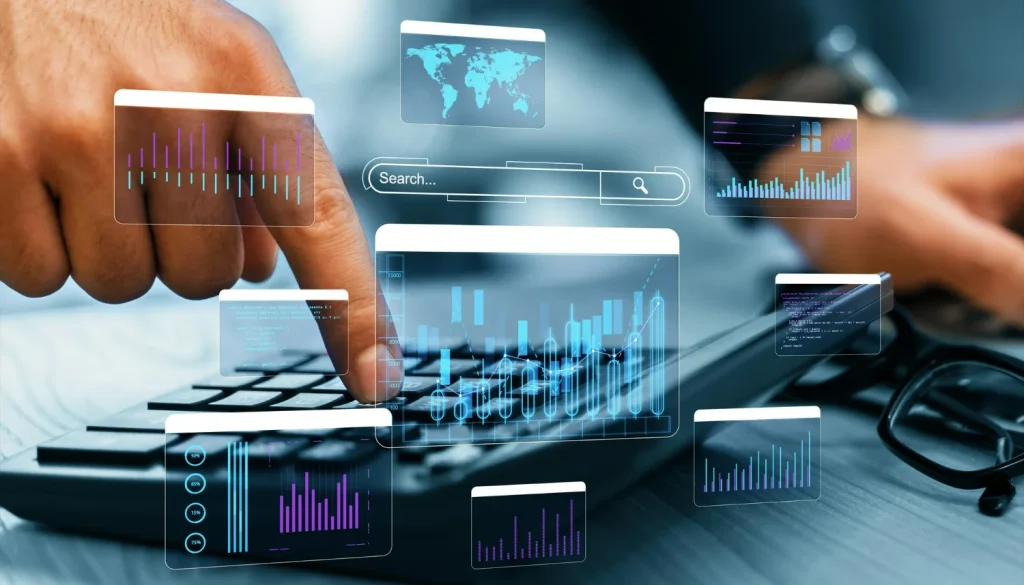 Imagem de um contador usando calculadora, com gráficos e informações digitais simbolizando a centralização de dados contábeis.