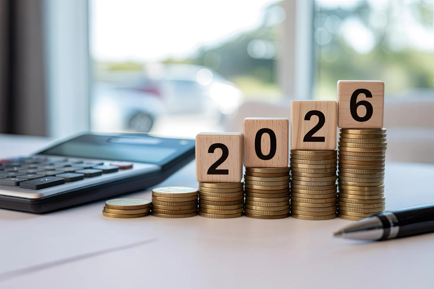 Imagem de uma calculadora e uma pilha de moedas com dados simbolizando a contabilidade em 2026.