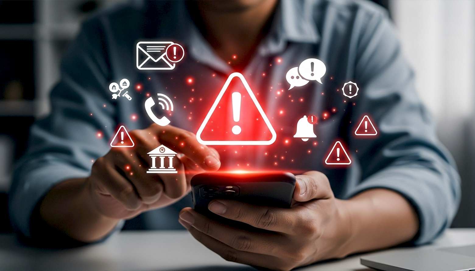 Homem com seu smartphone emitindo alertas de segurança, simbolizando golpes digitais em pequenas empresas.