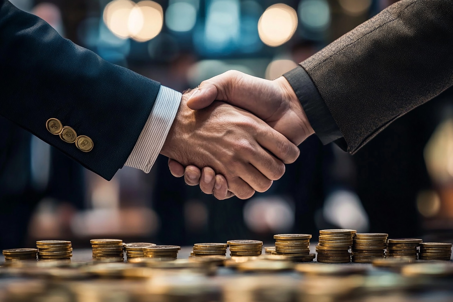 Dois homens apertando as mãos sobre montantes de moedas, simbolizando a negociação de débitos por transação tributária.