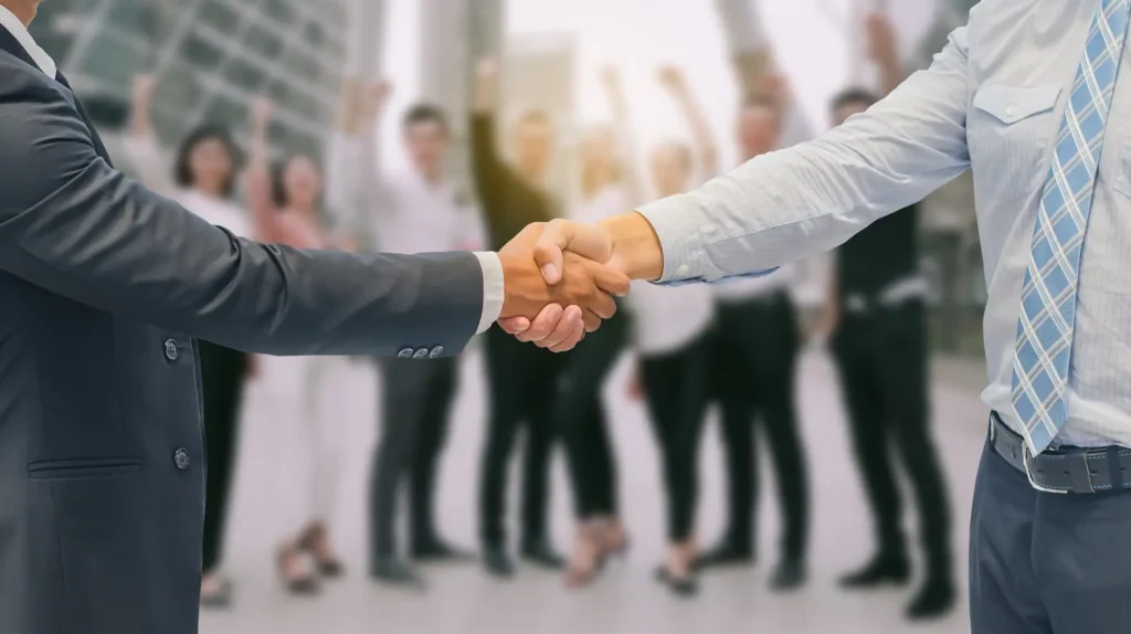 Dois homens apertando as mãos em frente a um grupo de trabalhadores, simbolizando um acordo de convenção coletiva trabalhista.
