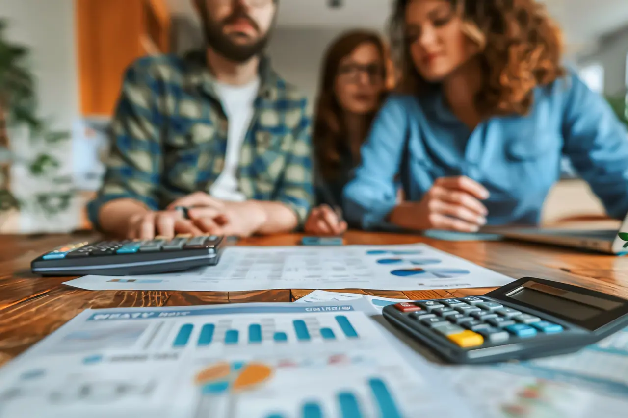Três pessoas reunidas com gráficos e calculadoras sobre a mesa, simbolizando a organização financeira em empresas familiares.