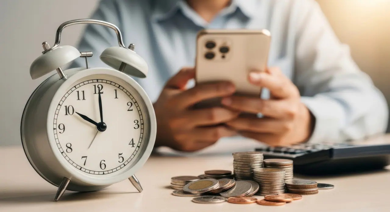Homem usando o celular com moedas, um relógio e calculadora sobre a mesa, simbolizando quanto vale a hora do contador.