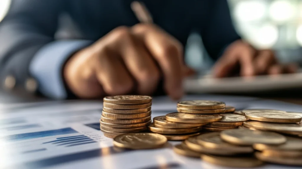 Empresário analisando gráficos com uma pilha de moedas sobre a mesa, simbolizando a nova tributação de dividendos.