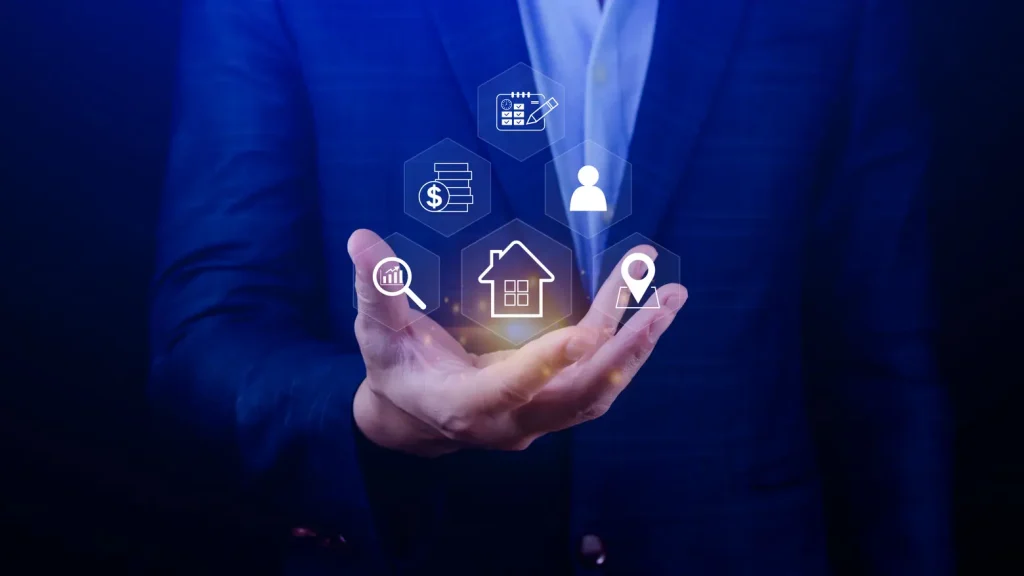 Ícones digitais de imóvel e gestão, representando o conceito de holding patrimonial