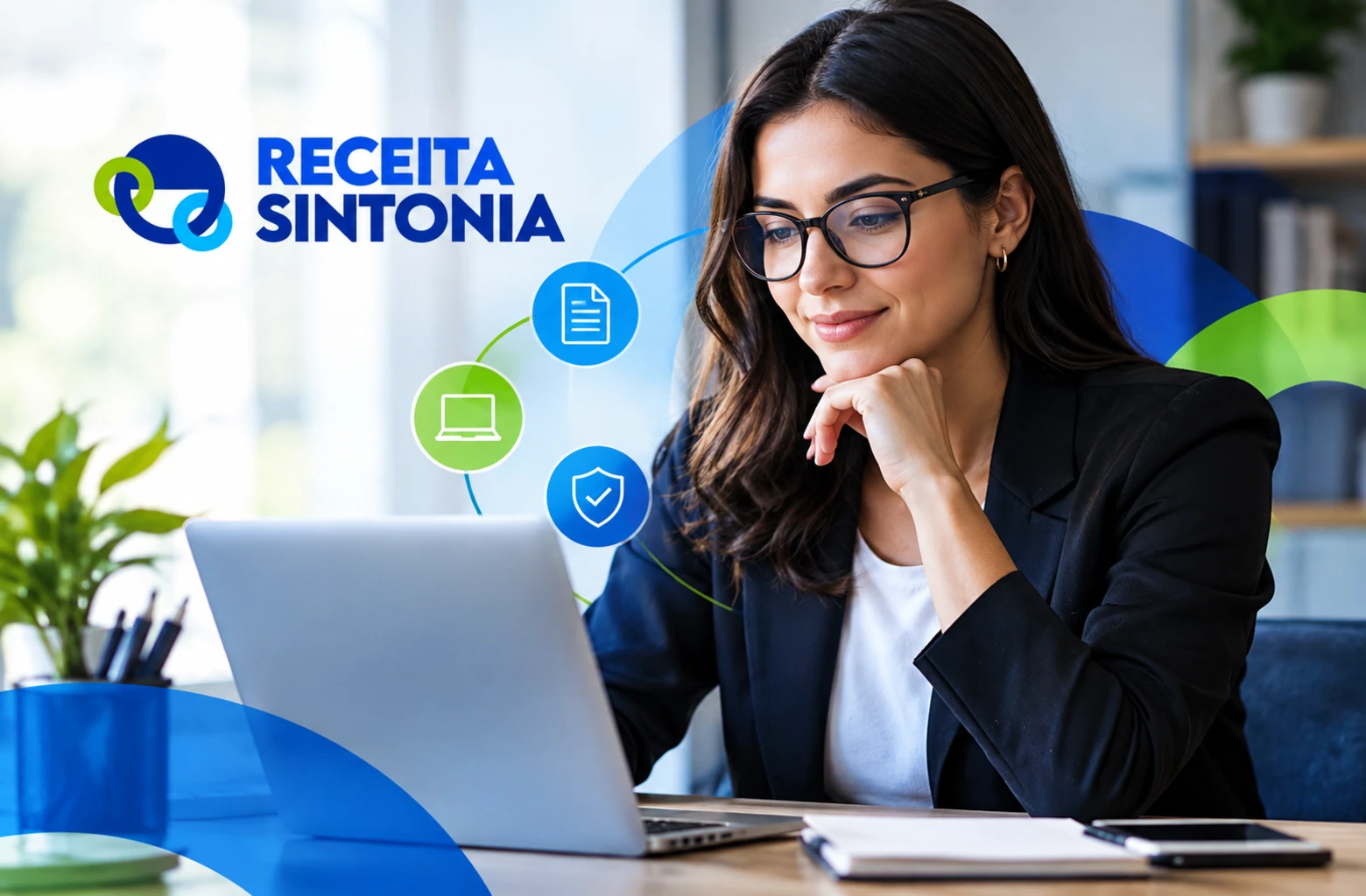 Mulher trabalhando em notebook em escritório, com ícones e logo da Receita Sintonia ao lado.