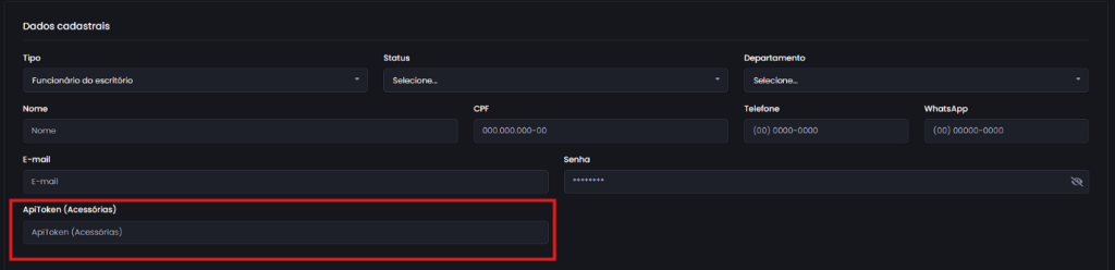 Tela de dados cadastrais de usuário na Jettax, com o campo ApiToken (Acessórias) destacado em vermelho para inserir o token da integração.