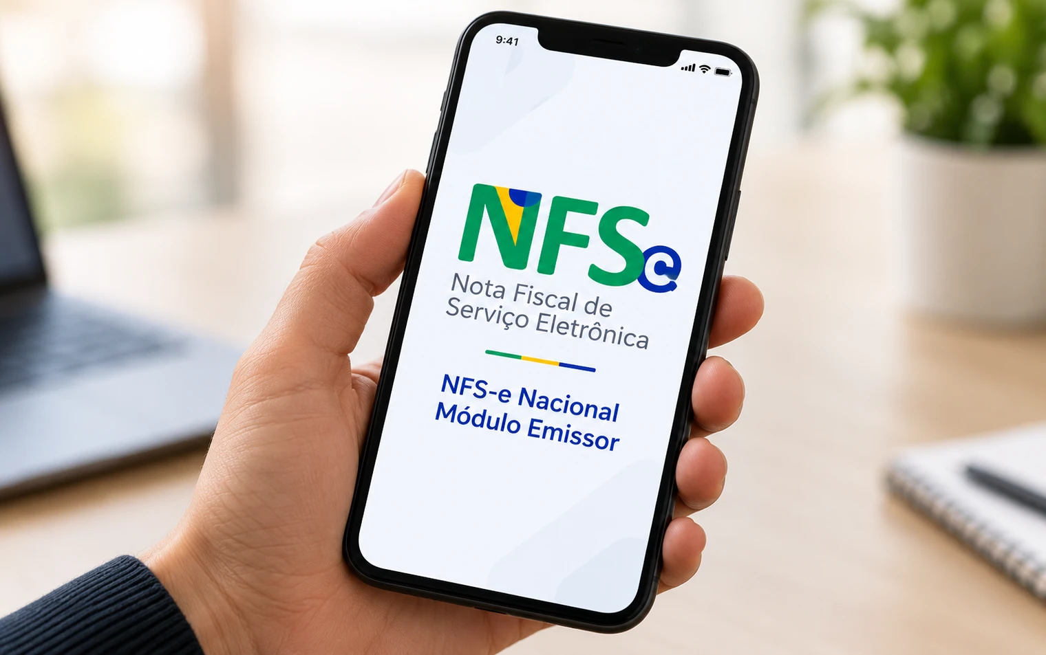 Celular exibindo o aplicativo NFS-e Nacional, com a identificação da Nota Fiscal de Serviço Eletrônica.